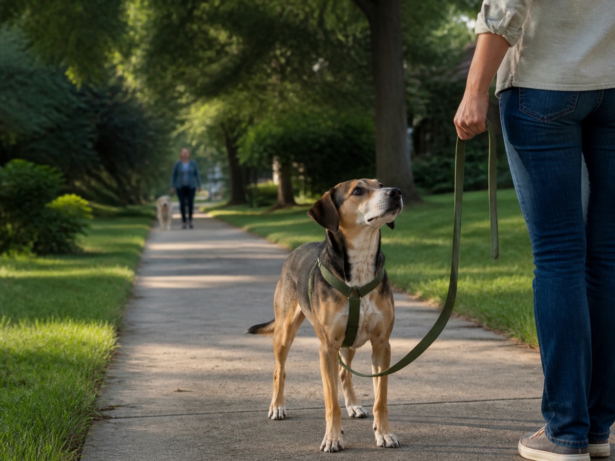 A dog on a slack lead checking in with its person during an ordinary neighborhood walk.