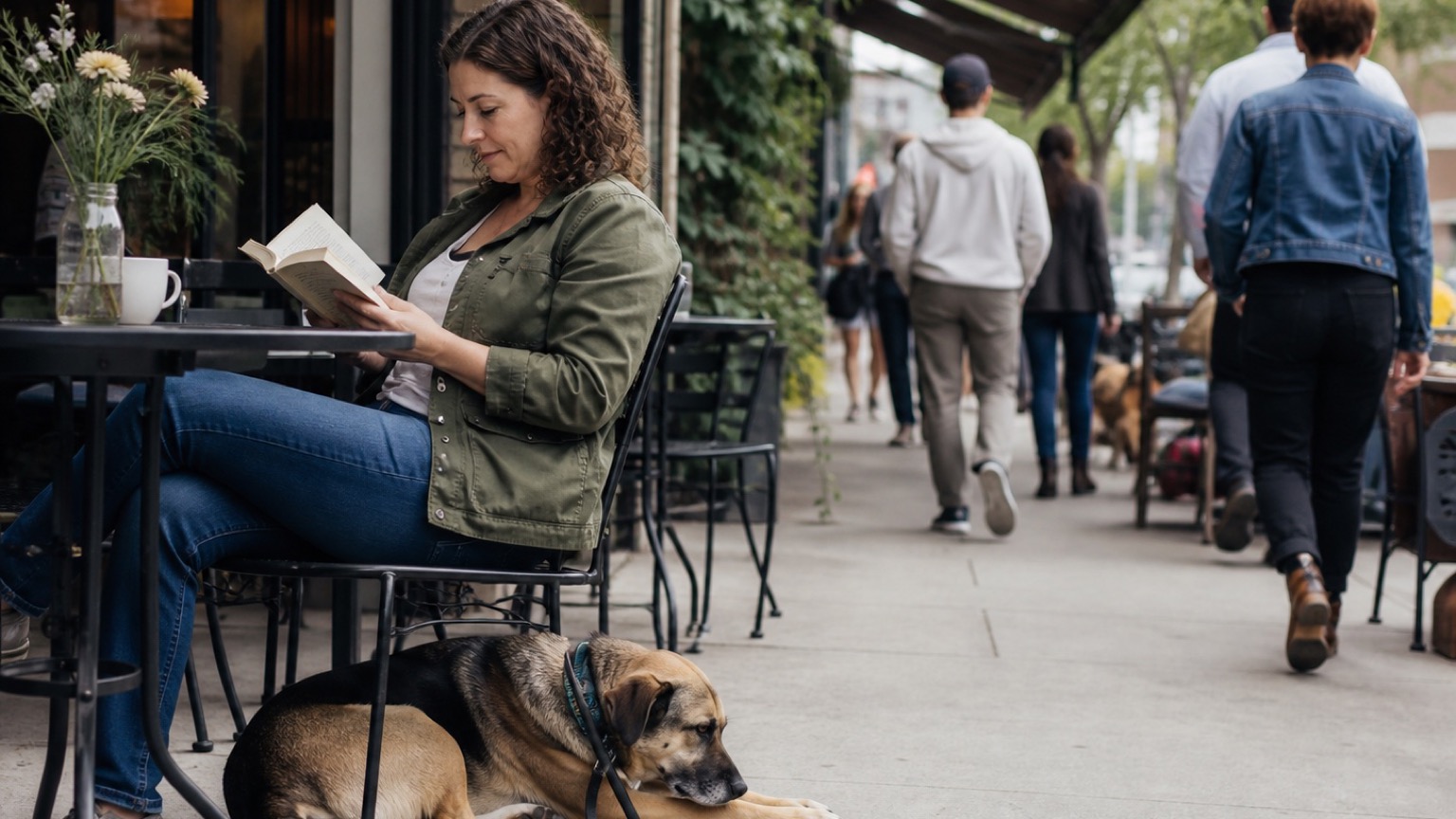 An owner reads at a cafe while their dog rests calmly beneath the chair.