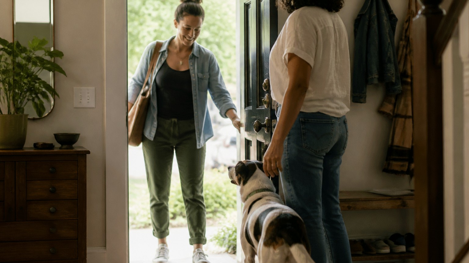A dog and owner calmly greeting a visitor at the door.