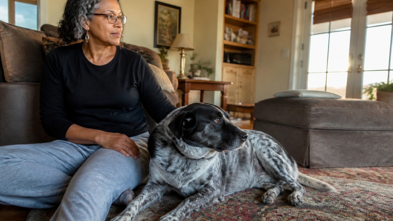 An owner relaxing beside their settled dog at home.