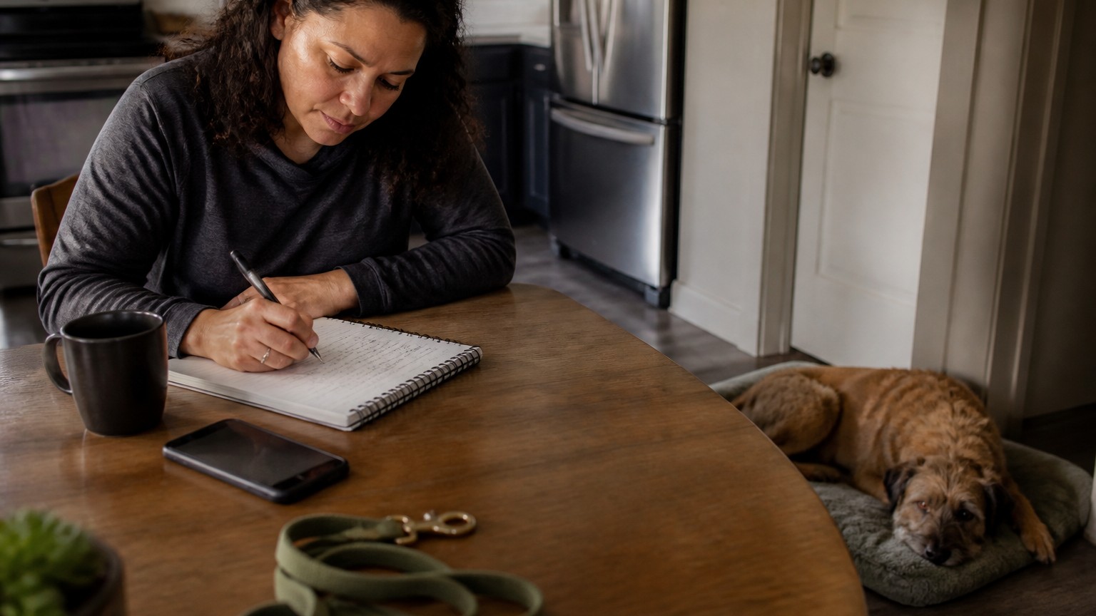 A person writing a dog behavior plan while the dog rests nearby.