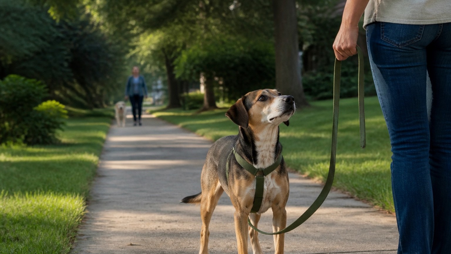 A dog and owner walking together on a loose leash.