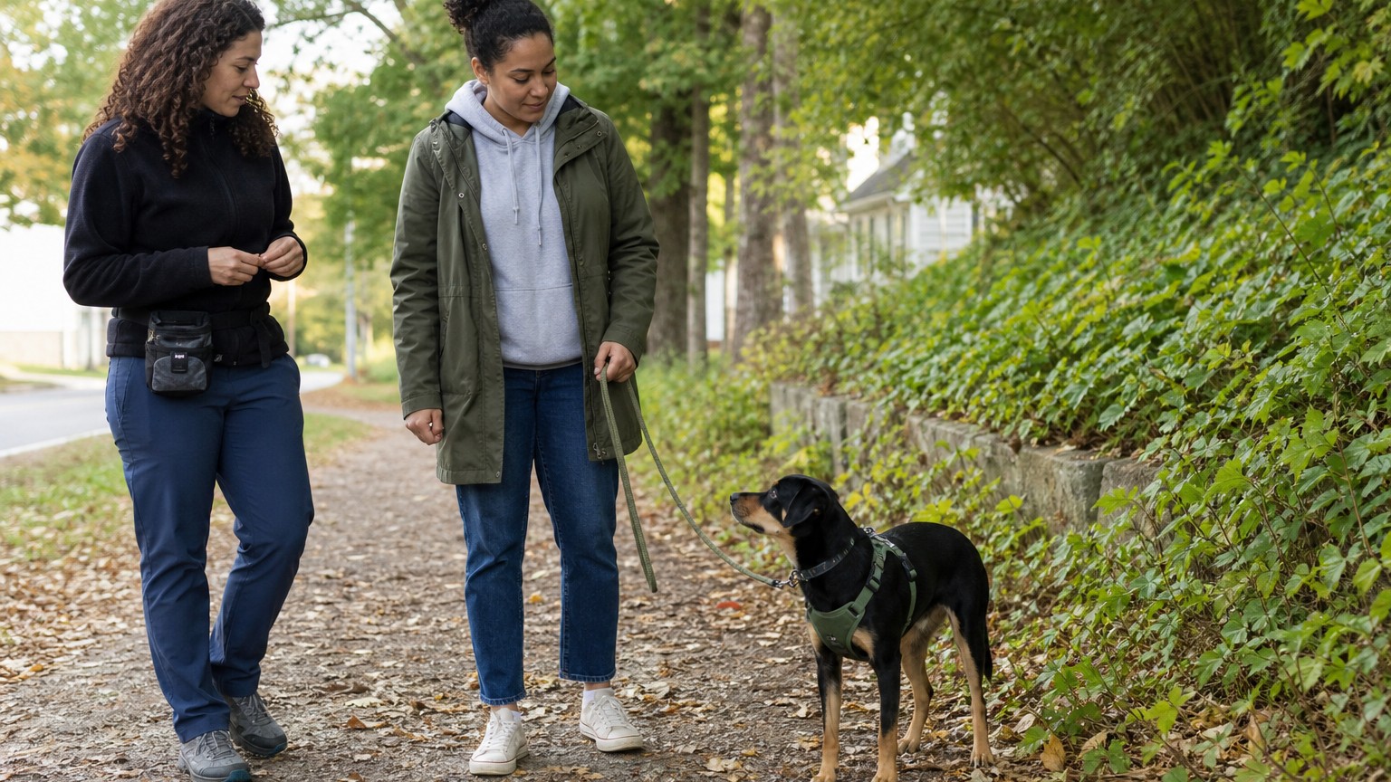 A reward-based behavior professional observing a dog and owner outdoors.