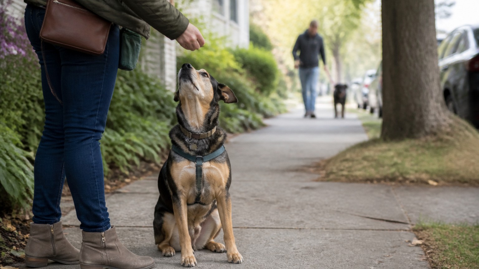 A dog checking in with its owner before another dog gets close.