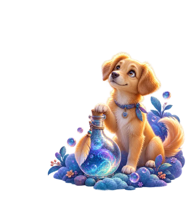 A hopeful dog beside a whimsical bottle filled with a starry blue glow.